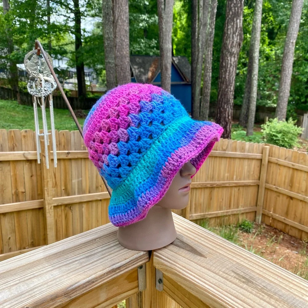Handmade Bon Bon Purple & Blue Acrylic Granny Stitch Crochet Bucket Hat